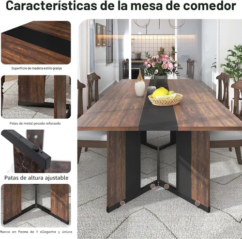Miniatura 4 de Hlivelood - Mesa de comedor de 71 pulgadas para 6 personas, mesa de cocina rectangular moderna color marrón con superficie de madera impermeable
