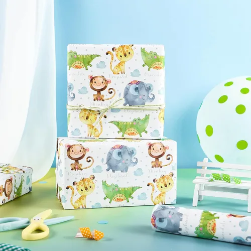 Miniatura 4 de WRAPAHOLIC Rollo de papel de regalo Kraft Animal - Mini Rollo - 17 pulgadas x 16.5 pies - Diseño de mono, elefante y dinosaurio lindos, perfecto