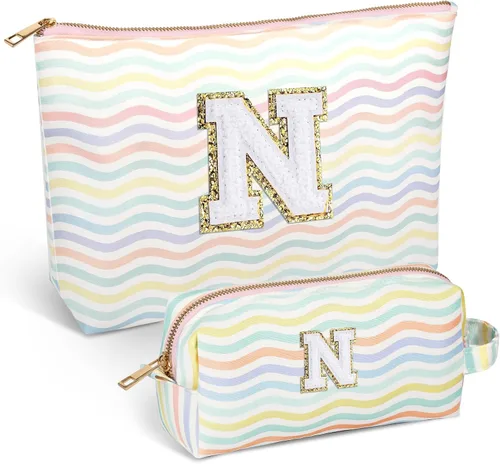 Miniatura 40 de Bolsa de viaje de maquillaje con monograma de 2 piezas para regalos de niñas adolescentes, bolsa de cosméticos para niñas, bolsa de aseo de viaje