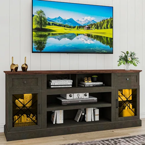 Miniatura 10 de Mesa de soporte de TV de 70 pulgadas para TV de 75/80 pulgadas, moderno centro de entretenimiento con luces LED y 2 cajones, soportes de TV