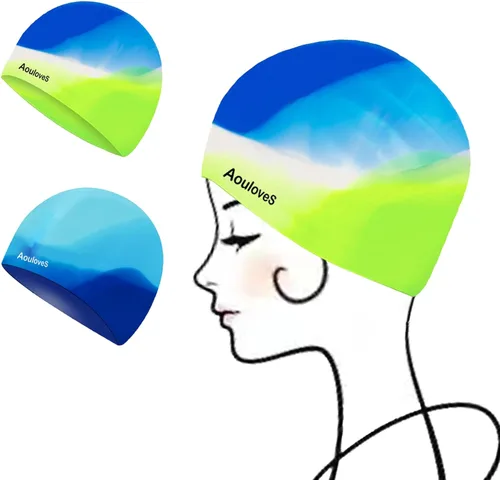Miniatura 12 de Paquete de 2 gorros de natación para niños y niñas, unisex, de silicona, para niños de 4 a 12 años, ajuste cómodo para cabello largo y cabello corto