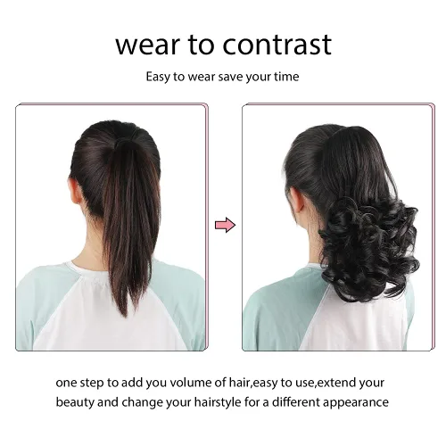 Miniatura 4 de Extensiones de cola de caballo, extensiones de cabello rizado con clip de garra de color marrón oscuro para mujer, peluca sintética de cola