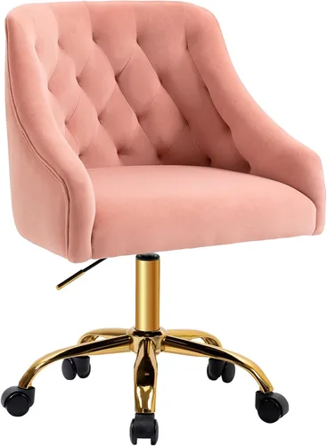 MOJAY Silla de escritorio de terciopelo para oficina en casa, silla de tocador con ruedas, bastante elegante, dorada, giratoria a 360°, silla de Rosa