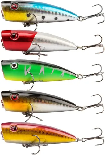 Miniatura 7 de Señuelos de pesca Popper cebo de pesca Topwater cebos duros ojos 3D Swimbait Crankbait con gancho de agudos para lubina, trucha, agua dulce y salada