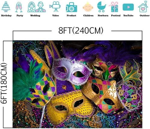 Miniatura 3 de Máscara de cuentas de color morado dorado con purpurina, fondo de fotografía de carnaval, fiesta, baile, fiesta de cumpleaños, cabinas de fotos