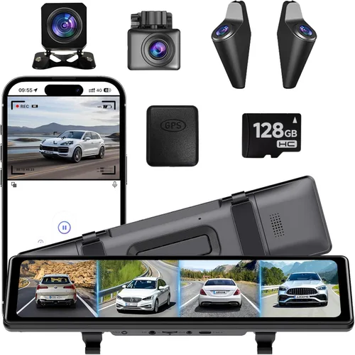 Miniatura 12 de Cámara de espejo retrovisor 4K, cámara de tablero de espejo de 10 pulgadas delantera y trasera con tarjeta de 64 GB, cámara de tablero de pantalla