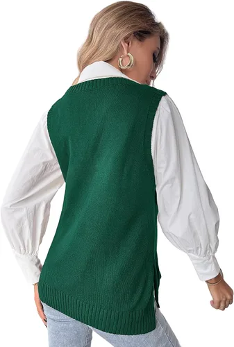 Miniatura 2 de Romwe Suéter de punto con cuello en V para mujer, color liso, con abertura lateral, sin mangas, holgada, blusa sin mangas