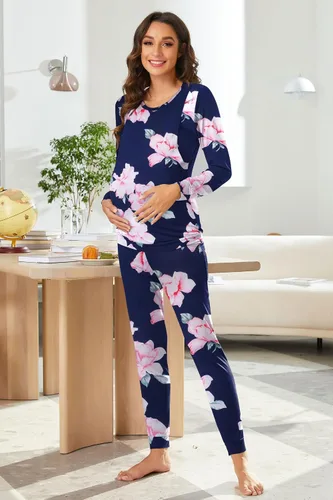 Miniatura 3 de Ekouaer Conjunto de ropa interior térmica de maternidad y lactancia, conjunto de pantalones largos de punto a rayas, capa base superior e inferior
