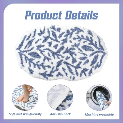 Miniatura 4 de Breling Paquete de 1 tapete de baño con hojas azules y grises, tapete de baño de microfibra suave y absorbente de rápido 21 x 34 pulgadas, tapete
