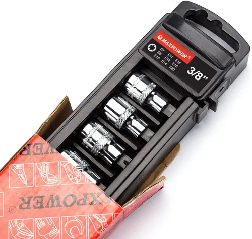 Miniatura 2 de MAXPOWER Juego de llaves E-Torx de 9 piezas de 3/8 pulgadas, E7 a E20, acero al cromo vanadio, reparación automotriz, incluye estante
