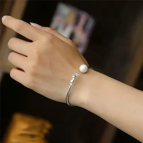 Miniatura 3 de Personality New Art - Pulsera abierta de plata de ley 925 con perlas de gato calidad