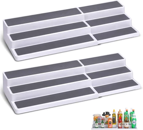 CiWiVOKi Organizador de especias expandible de 3 niveles, estante de especias de plástico blanco/gris, longitud ajustable de 14.6 a 25.8 pulgadas,