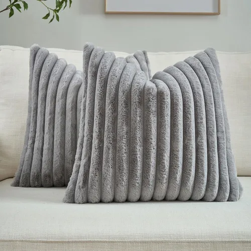 Miniatura 12 de FUTEI - Juego de 2 fundas de almohada decorativas con rayas, cuadradas, para invierno, piel sintética de conejo suave y acogedora y respaldo