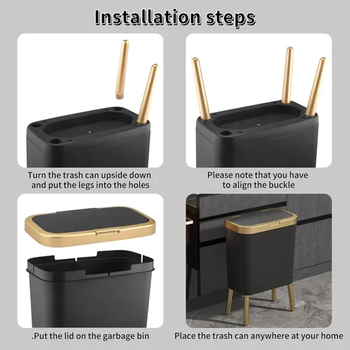 Miniatura 3 de Procade Paquete de 2 Basureros de Baño con Tapa, Cubo de Basura Moderno para Cocina, Cubo de Basura de 4 Galones con Borde Dorado, Cesta de Basura