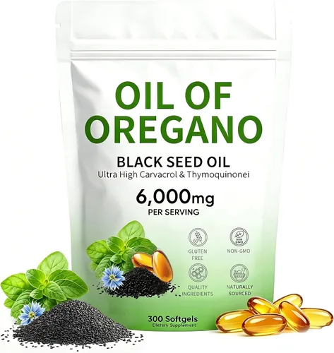 Aceite de cápsulas blandas de orégano, con aceite de semilla negra y timoquinona, 300 unidades, 6000 mg, sin OMG, 2 en 1 formulado con Carvacro de 4