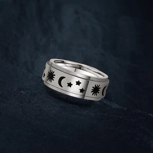 Miniatura 39 de LAOYOU Anillo giratorio para hombre para alivio de la ansiedad 0.315 in de acero inoxidable negro anillo de ansiedad con incrustaciones de cadena