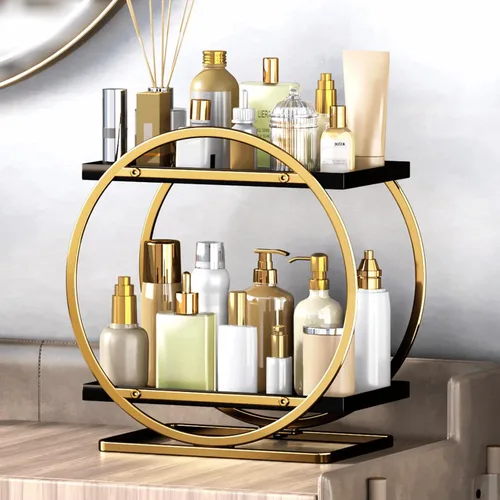 Miniatura 9 de Organizador de Maquillaje para Tocador, Organizador de Perfumes Negro Dorado para Cómoda, Organizadores de Encimera de Baño de 2 Niveles, Estante