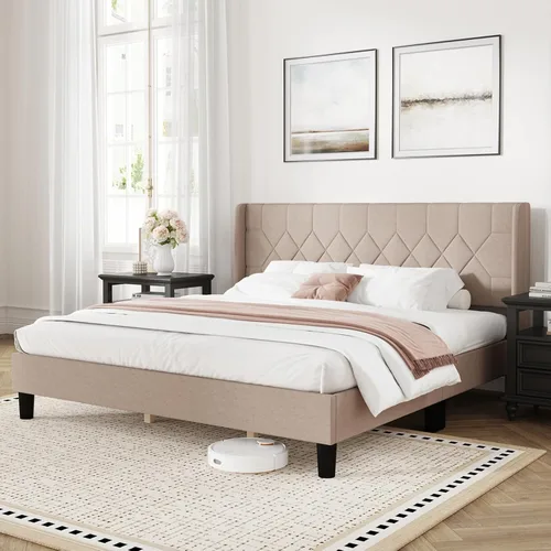 Miniatura 18 de Novilla - Base de cama Queen con cabecero, base de cama tamaño Queen con soporte de listones de madera, cabecero tapizado de terciopelo con puntos