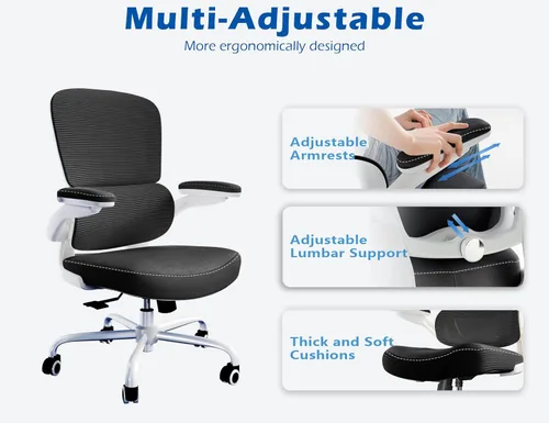 Miniatura 5 de TRALT Silla ergonómica de oficina, silla de escritorio con soporte lumbar ajustable, silla de computadora cómoda de malla con reposabrazos Negro