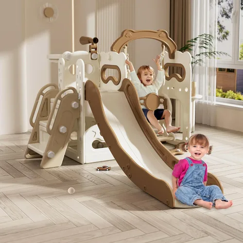 Miniatura 10 de Set de juego de tobogán y columpio 9 en 1 para niños pequeños, tobogán para niños de 1 a 3 años, juego de juego para interiores y exteriores con aro