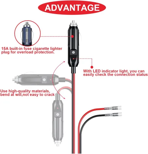 Miniatura 6 de Enchufe de repuesto para encendedor de cigarrillos macho de 12 V, enchufe macho de repuesto para encendedor de cigarrillos macho, con cables, luz