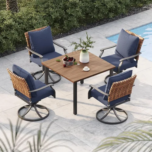 Miniatura 16 de Grand patio Juego de comedor de exterior de 5 piezas, 4 sillas de patio giratorias de mimbre con aspecto de cuero y 1 mesa de comedor cuadrada