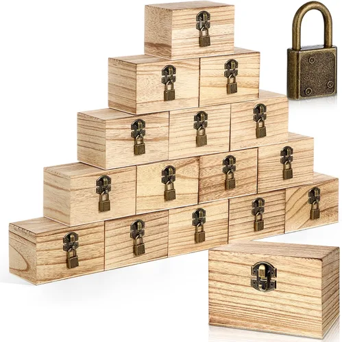 Miniatura 7 de CroBlissful Juego de 12 cajas de madera sin terminar de 24 piezas con tapas con bisagras y mini candados con llaves, caja de madera sin terminar