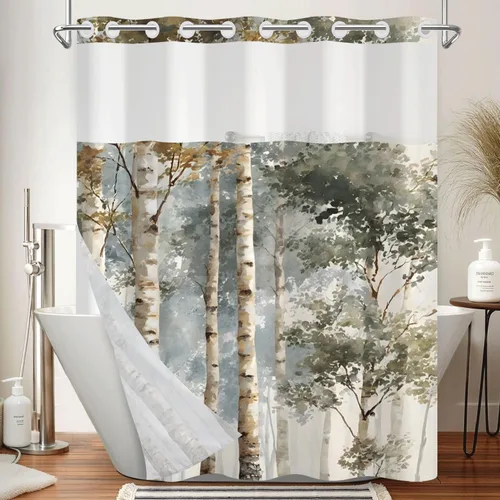 Miniatura 28 de No Hook Geometric Shower Curtain with Snap in Liner - 71″W x 74″L Waterproof Fabric with Mesh Top Window, Modern Abstract Triangle Design Bath