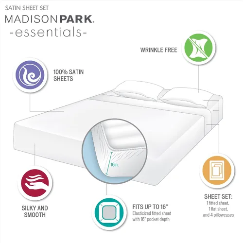 Miniatura 12 de Madison Park Essentials - Juego de sábanas de satén de lujo y sedoso con brillo natural, bolsillo elástico de 14 pulgadas para colchones de hasta 16