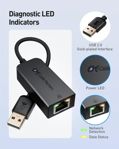 Miniatura 5 de Cable Matters Adaptador USB a Ethernet Plug & Play - Compatible con clones de direcciones PXE y MAC -Adaptador Ethernet a USB 2.0 de 10/100 Mbps