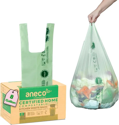 Miniatura 9 de (Incluye 10 bolsas adicionales) ANECO - Bolsas de basura 100% compostables de 2.6 galones, bolsas de compost pequeñas de cocina extra gruesas