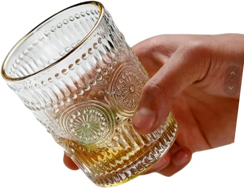 Miniatura 4 de Juego de 2 vasos vintage de 10 onzas para beber de cristal transparente, bonitas tazas de vidrio con girasol en relieve para café helado, té, jugo