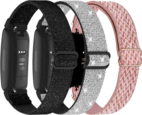 Paquete de 3 bandas elásticas de nailon compatibles con Fitbit Inspire 3/Inspire 2/Inspire HR/Inspire, correa deportiva de repuesto ajustable Bling