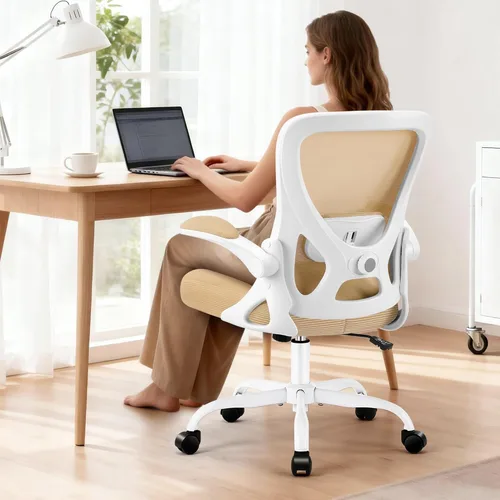 AreShark Silla de oficina – Silla de escritorio ergonómica de malla transpirable con soporte lumbar ajustable y reposabrazos abatibles – Silla Caqui