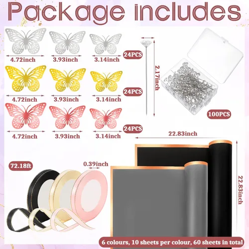 Miniatura 2 de Qilery 243 piezas de papel de regalo para ramo de flores, impermeable, suministros de floristería con decoración de mariposas, coronas, cintas