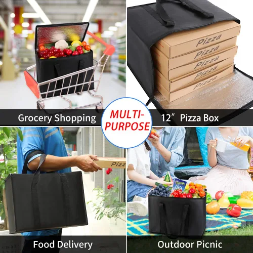 Miniatura 5 de Bolsas de comestibles reutilizables aisladas, 16 pulgadas de ancho x 13 pulgadas de alto x 9 pulgadas de profundidad, bolsa de mano XL para Negro