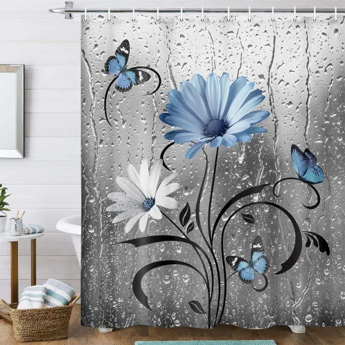 Miniatura 7 de Cortina de Ducha Rústica Azul Floral Boho, Cortinas de Flores de Margarita y Mariposa de Estilo Granja para Baño, Decoración de Baño Floral