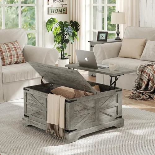 Miniatura 10 de Furnideco - Mesa de centro de granja con superficie elevable, mesa central cuadrada de madera con gran compartimento de almacenamiento oculto