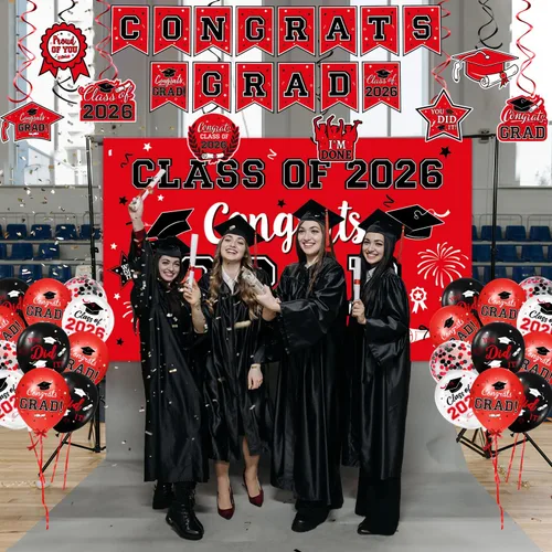 Miniatura 4 de Decoraciones de graduación 2026, juego de decoraciones de graduación rojo y negro con pancarta y telón de fondo de felicitaciones, letrero