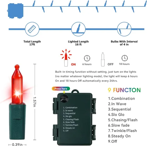 Miniatura 4 de RECESKY Paquete de 2 Luces de Cadena de Navidad con Temporizador Incorporado - Total 100 LED 36 pies Luces de Cadena de Hadas a Batería - Mini Rojo