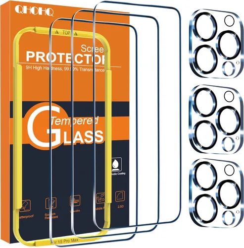QHOHQ Paquete de 3 protectores de pantalla para iPhone 15 Pro Max [6.7 pulgadas] con 3 protectores de lente de cámara, película de vidrio templado,