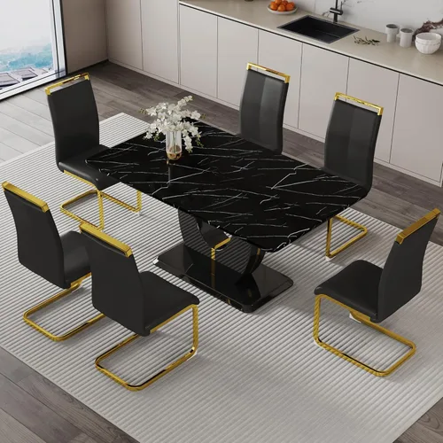 Miniatura 3 de Juego de 6 sillas de mesa de comedor para 6, juego de 6, moderno juego de comedor con mesa de comedor de mármol de 63 pulgadas, sillas tapizadas