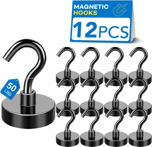 Miniatura 29 de LOVIMAG - Ganchos magnéticos, imanes de 30 libras con ganchos para crucero, ganchos magnéticos negros para colgar, refrigerador, aula, nevera