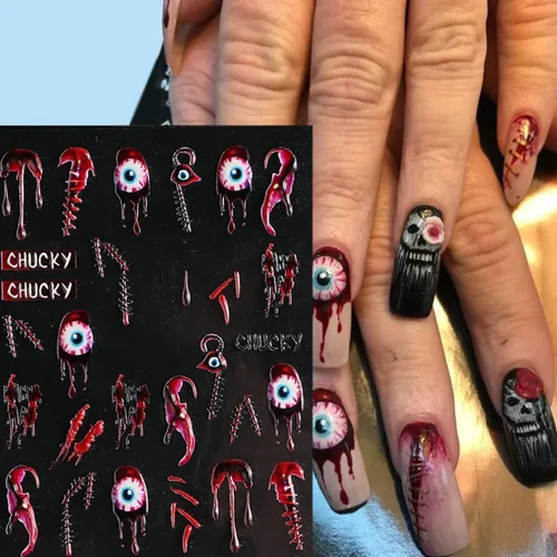 Miniatura 4 de Calcomanías de uñas de Halloween 5D, calcomanías acrílicas con ojos realistas, araña, hueso, en relieve, cráneo, fantasma, calabaza, araña