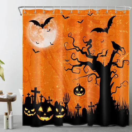 Miniatura 10 de EOBTAIN Cortina de ducha de cielo nocturno azul de Halloween para baño, espeluznante calabaza y murciélago en árbol muerto en cementerio aterrador
