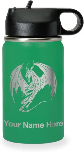 Miniatura 63 de LaserGram Botella de agua con tapa abatible de doble pared de 12 onzas con pajilla, dragón, grabado personalizado incluido (negro)
