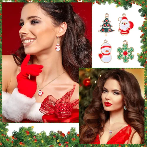 Miniatura 6 de Tudomro - 200 piezas de dijes navideños para hacer joyas y pulseras, Santa Claus, muñecos de nieve, alces, árbol de Navidad, colgante de aleación