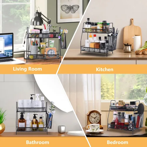 Miniatura 5 de Organizador de baño con canasta, bandeja de baño de 2 niveles para estante de almacenamiento de encimera, organizador de encimera de baño, Negro