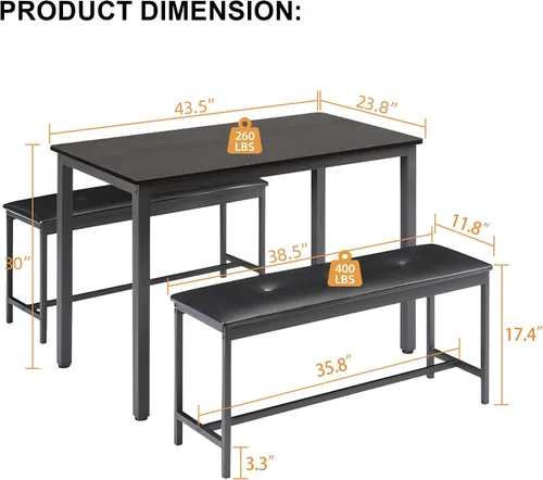 Miniatura 7 de Juego de mesa de comedor para 4, mesa de cocina con 2 bancos, muebles de comedor de madera de 3 piezas, juegos de sillas de comedor para rincón