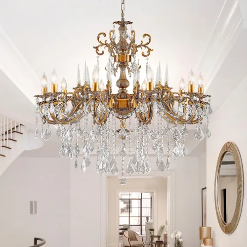 Miniatura 17 de Candelabros de cristal de bronce antiguo de lujo con lámpara colgante de vela, lámpara de techo de 6 luces de cristal dorado para comedor, sala